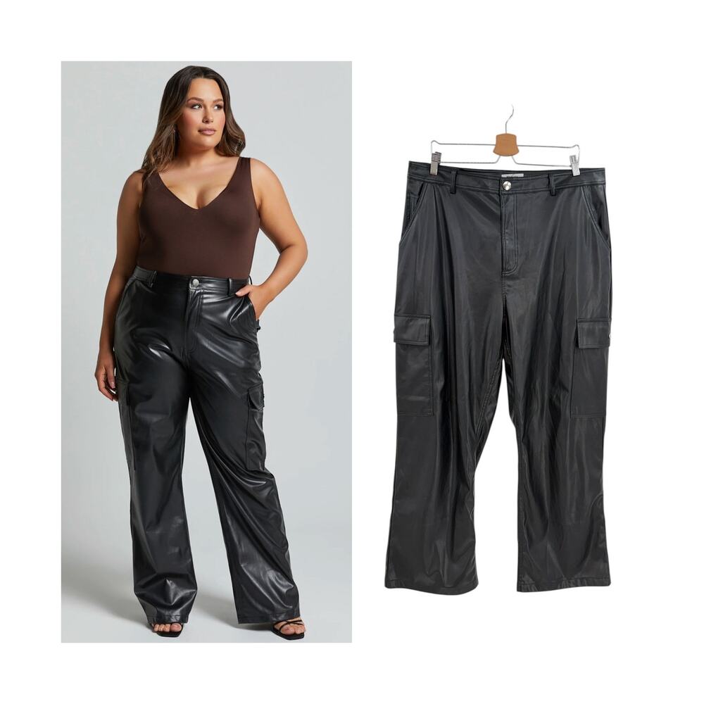 Showpo Elviera Faux Leather Cargo Pants Wide Leg‎ High Rise Black US 14